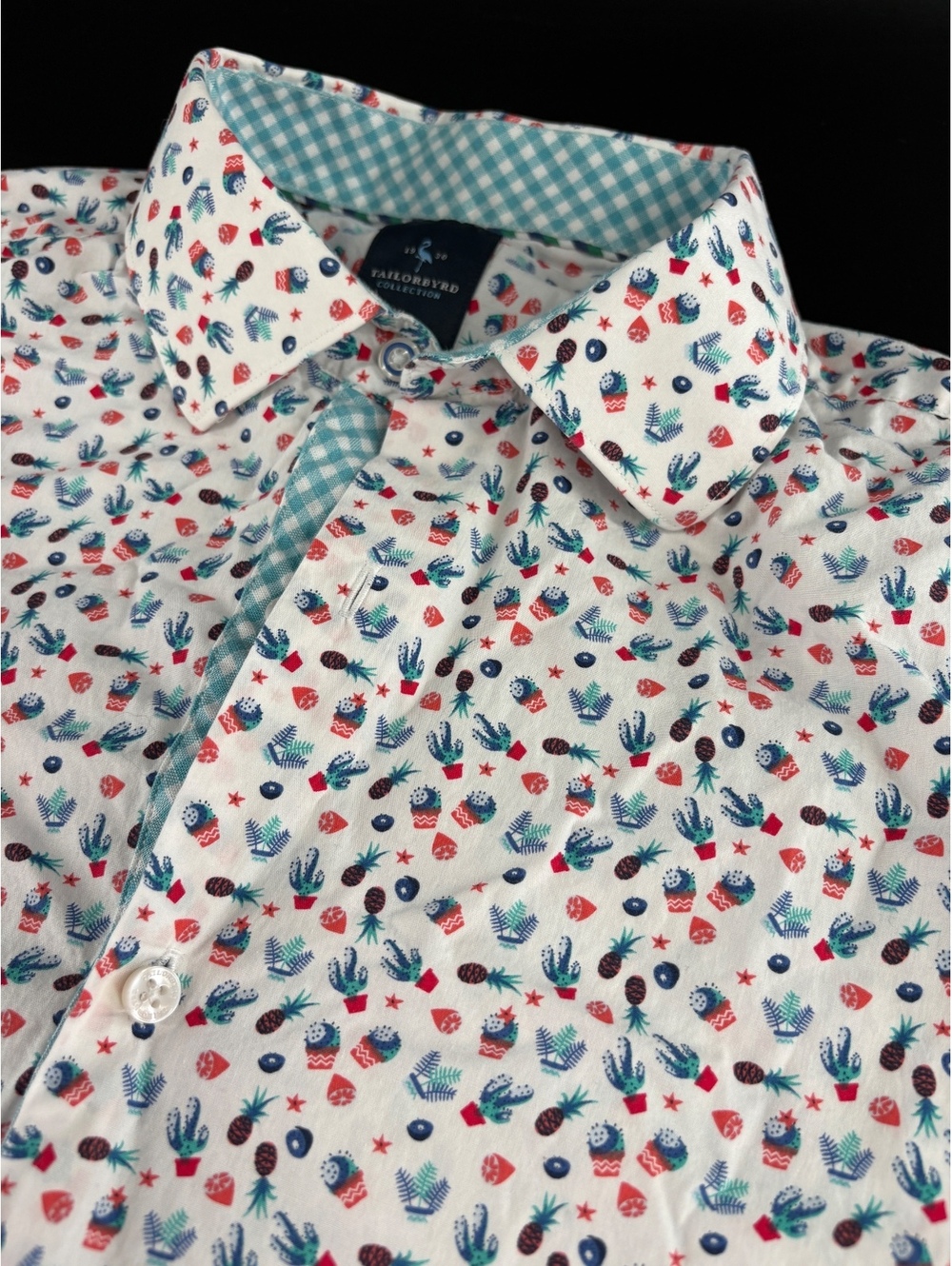 Tailorbyrd Cactus Pineapple Print Short Sleeve Shirt Men's XL Gingham Trim